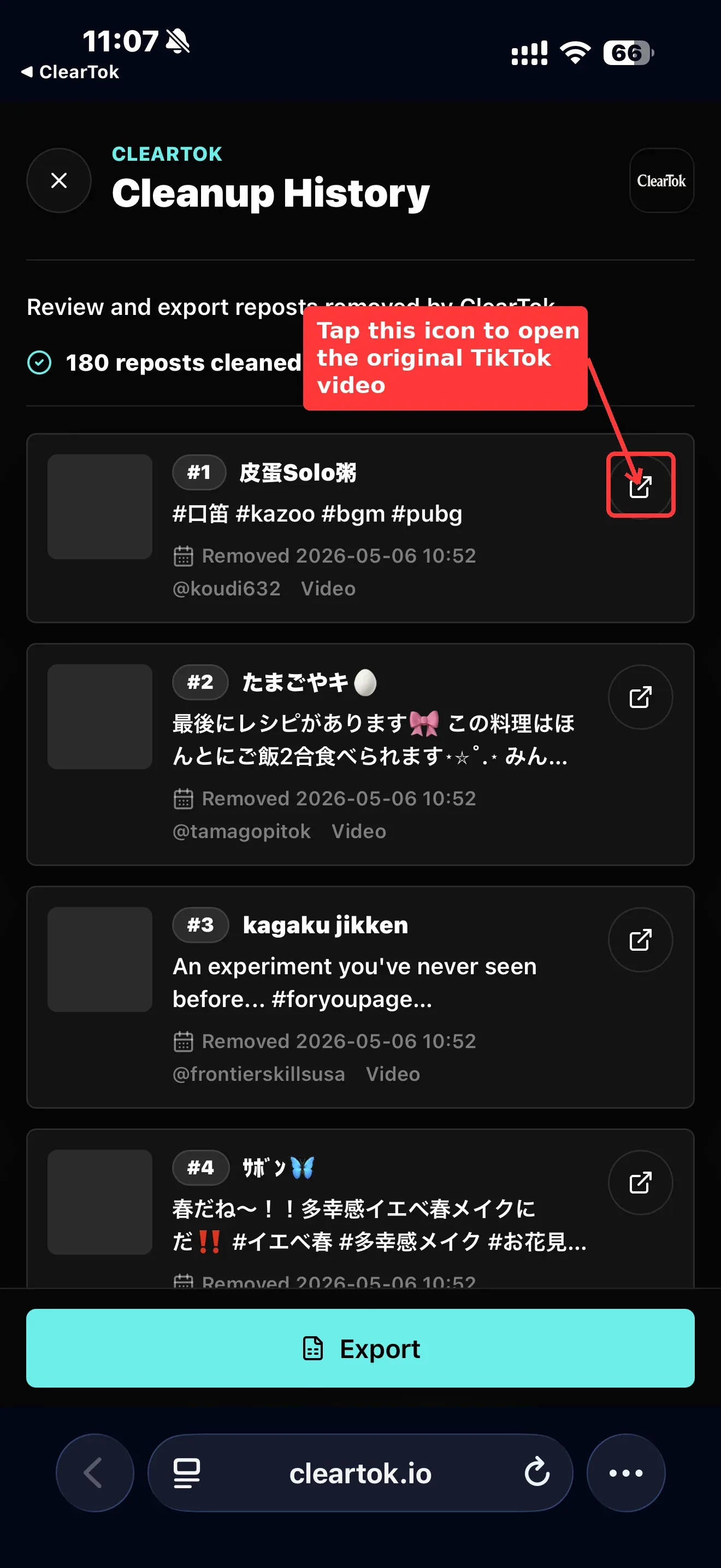 ClearTok home screen with the cleaned count highlighted