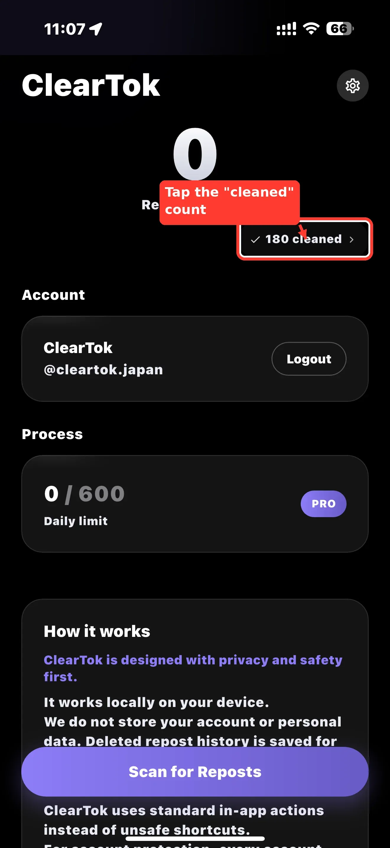 Cleanup History row with the open-original-video icon highlighted