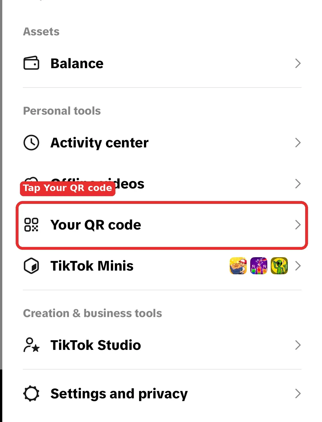 TikTok menu showing Your QR code option