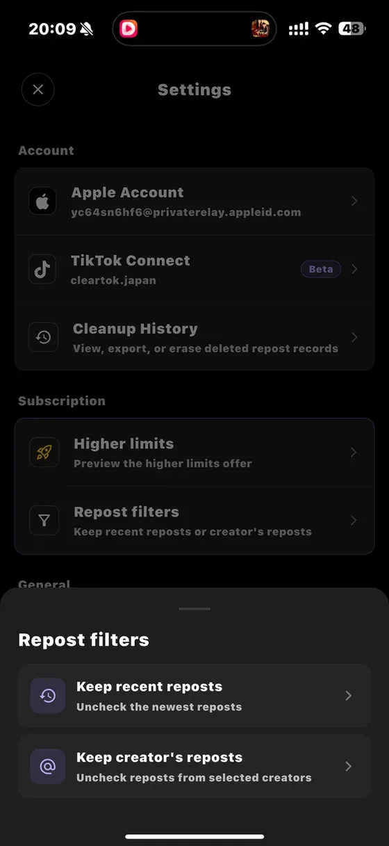 ClearTok Settings screen showing Repost filters