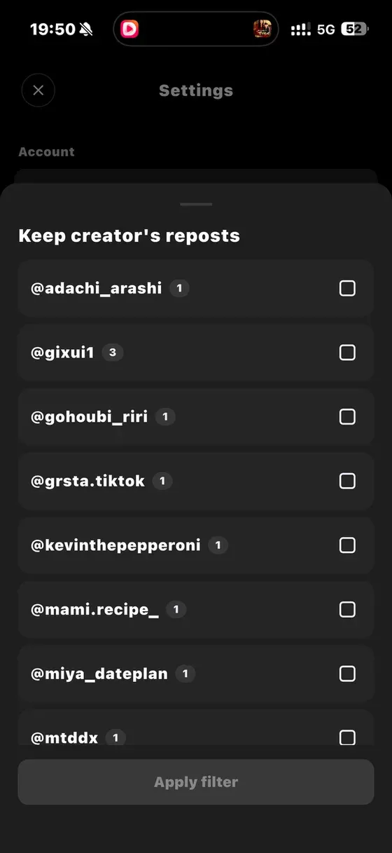ClearTok Keep creator's reposts filter screen