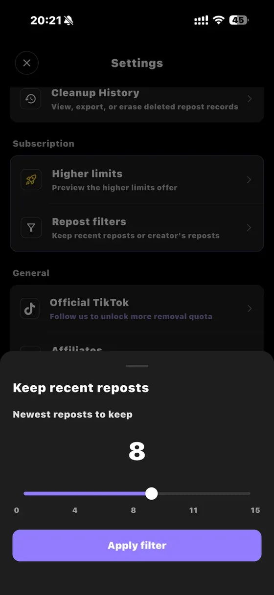 ClearTok Keep recent reposts filter screen