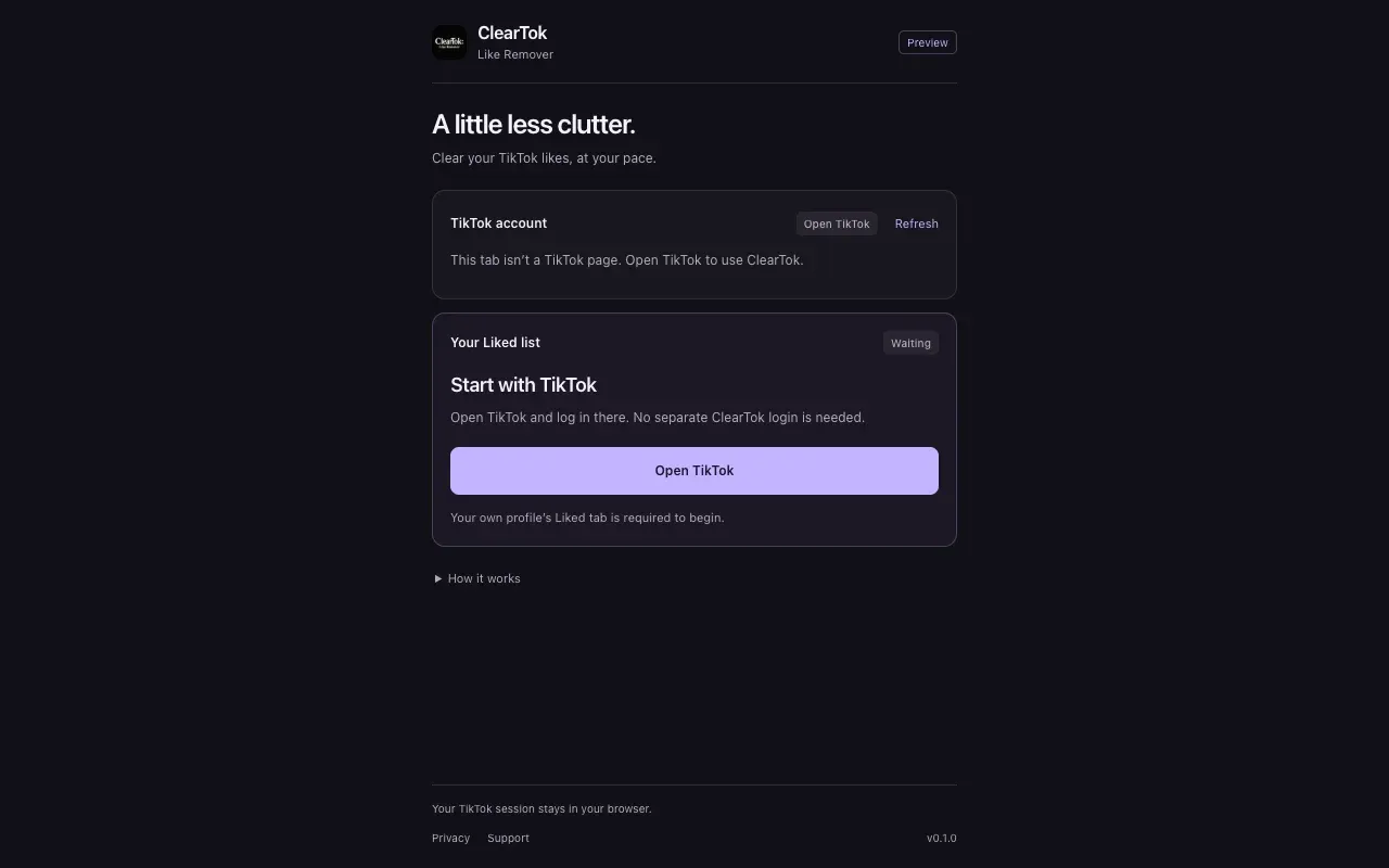 ClearTok Likes interface with TikTok account confirmation and prompts to open your Liked list
