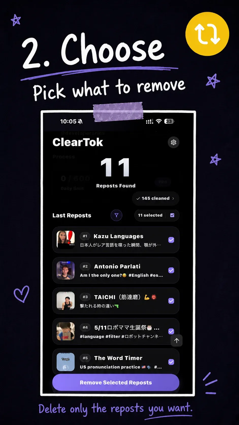 ClearTok creator asset showing selected TikTok reposts before removal.