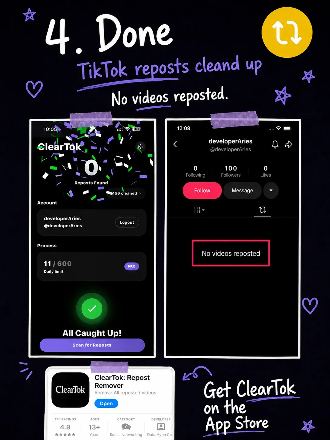 ClearTok creator asset showing TikTok reposts cleaned up.