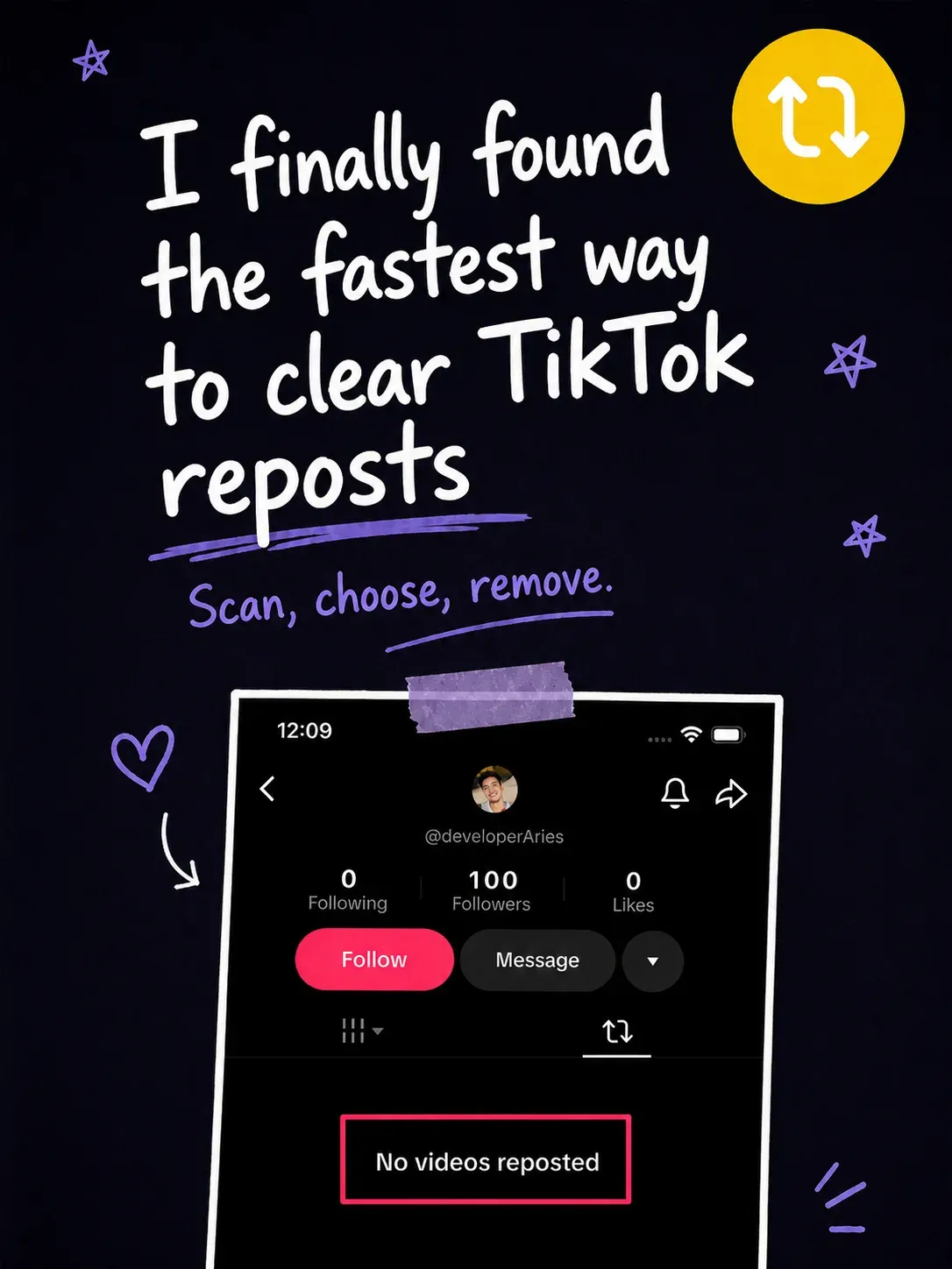 ClearTok creator asset showing the fastest way to clear TikTok reposts.