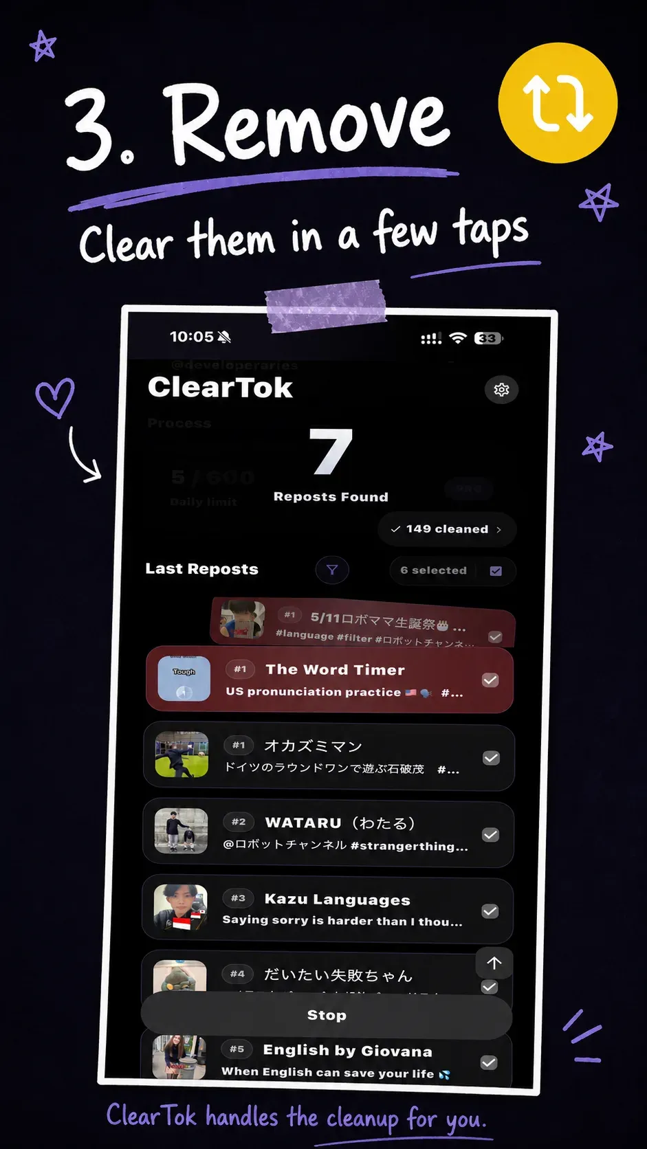 ClearTok creator asset showing TikTok repost removal in progress.