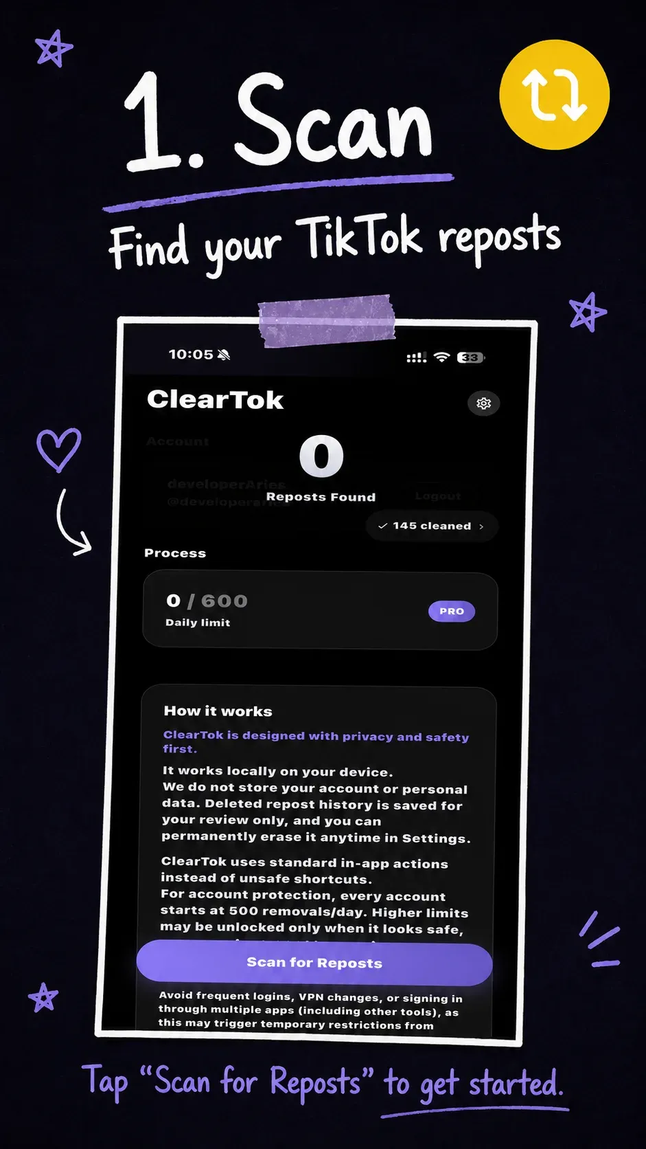 ClearTok creator asset showing scan for TikTok reposts.