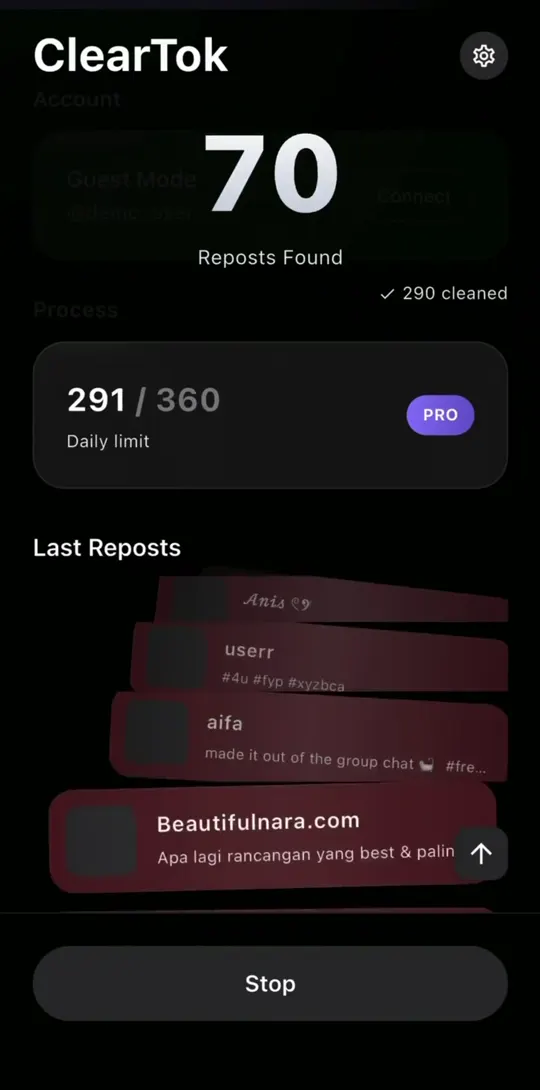 ClearTok mobiele appworkflow voor het scannen en verwijderen van TikTok-reposts