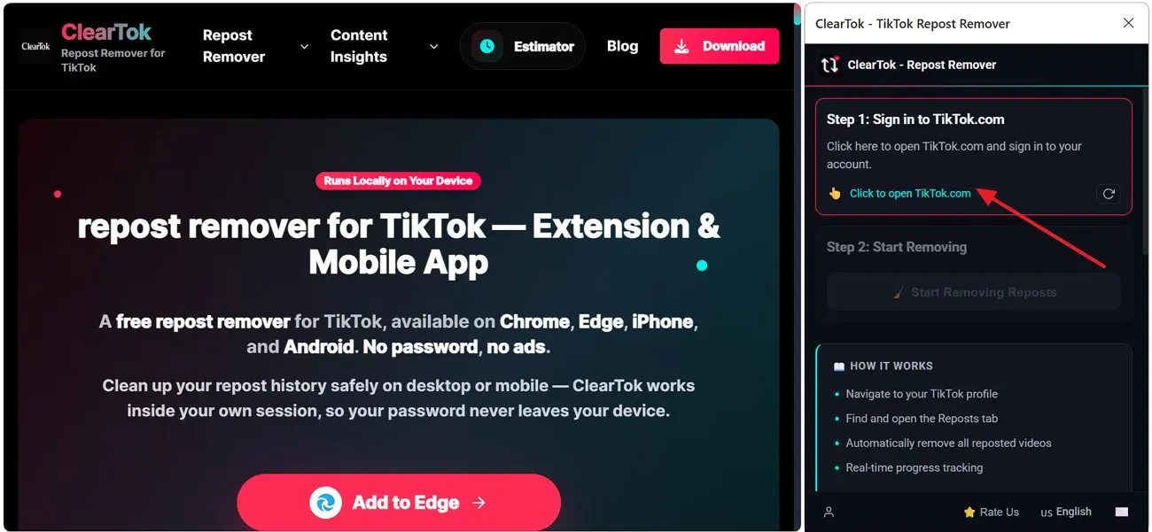 ClearTok listing on Microsoft Edge Add-ons with the install option