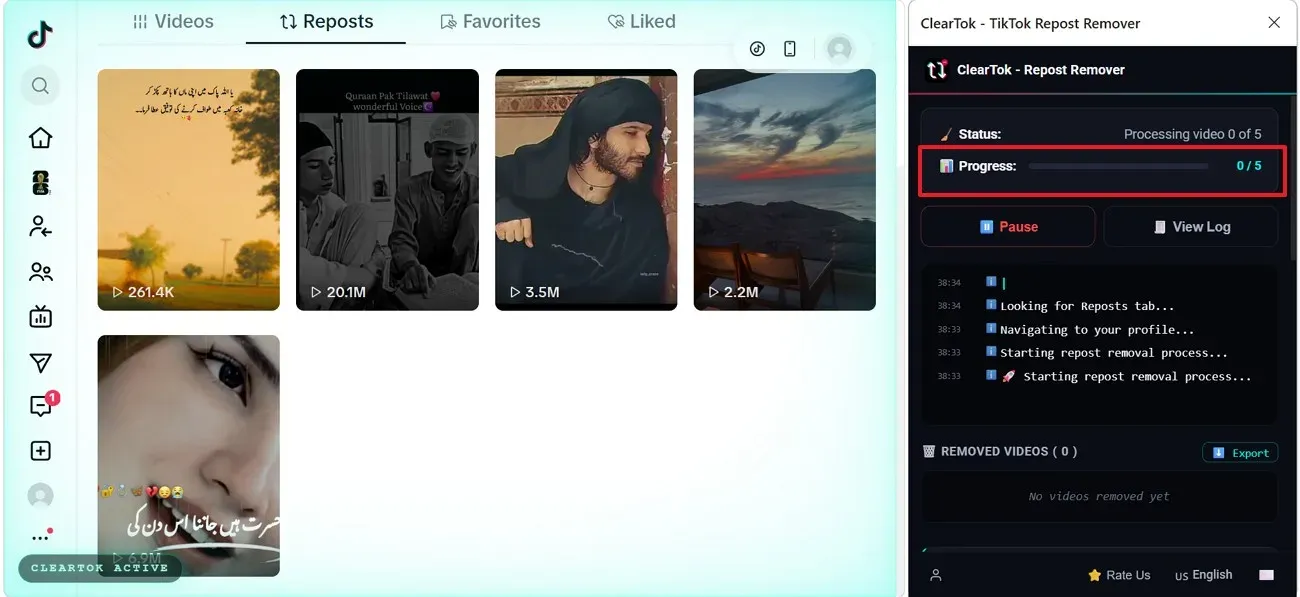 ClearTok Edge extension showing active repost removal progress