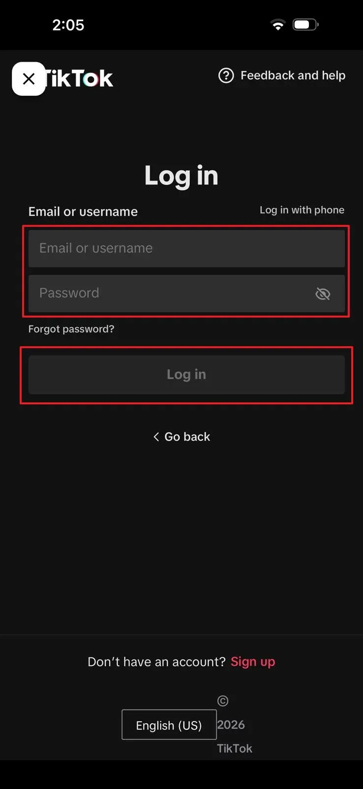 TikTok login screen shown inside the ClearTok iPhone app