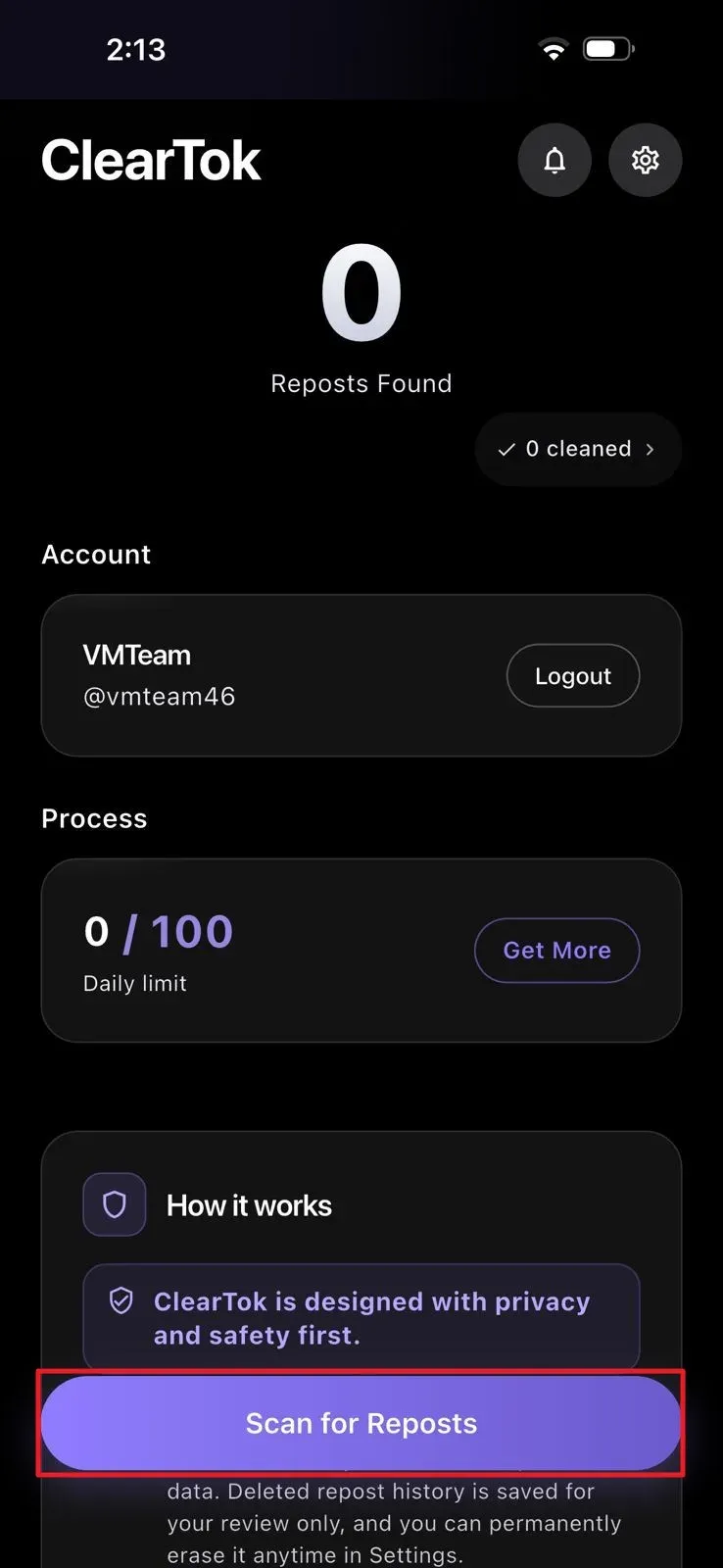 ClearTok iPhone app scanning a TikTok account for reposts