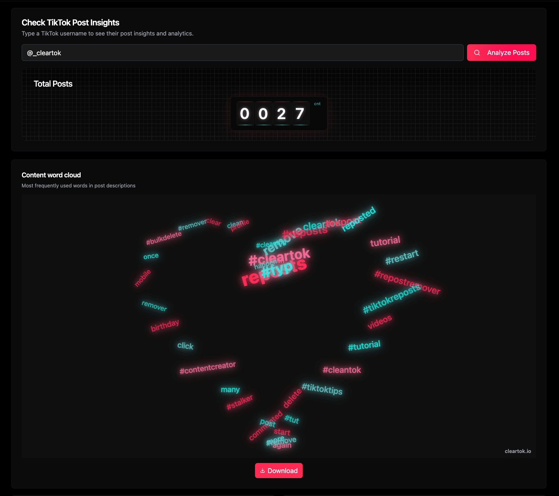 ClearTok post insights met gebruikersinput, totaalteller en word cloud voor een voorbeeldprofiel.