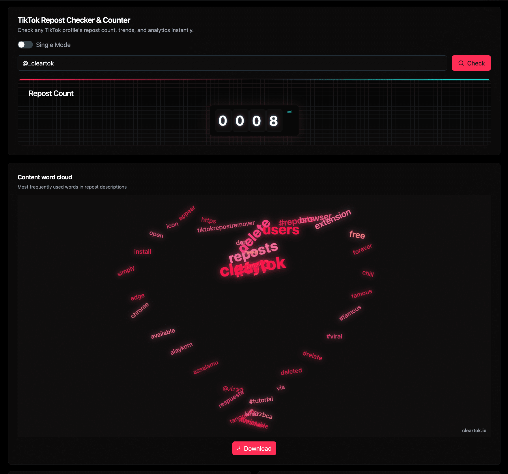 واجهة ClearTok وفيها حقل الادخال، عداد الريبوست، وسحابة الكلمات لحساب تجريبي.