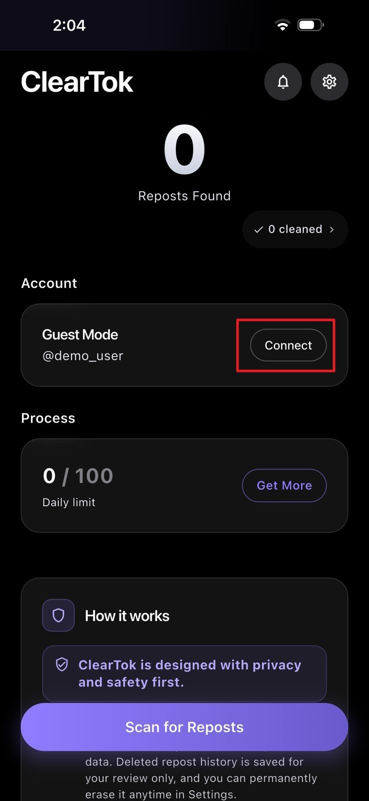 Capture d’écran: Connecter dans ClearTok