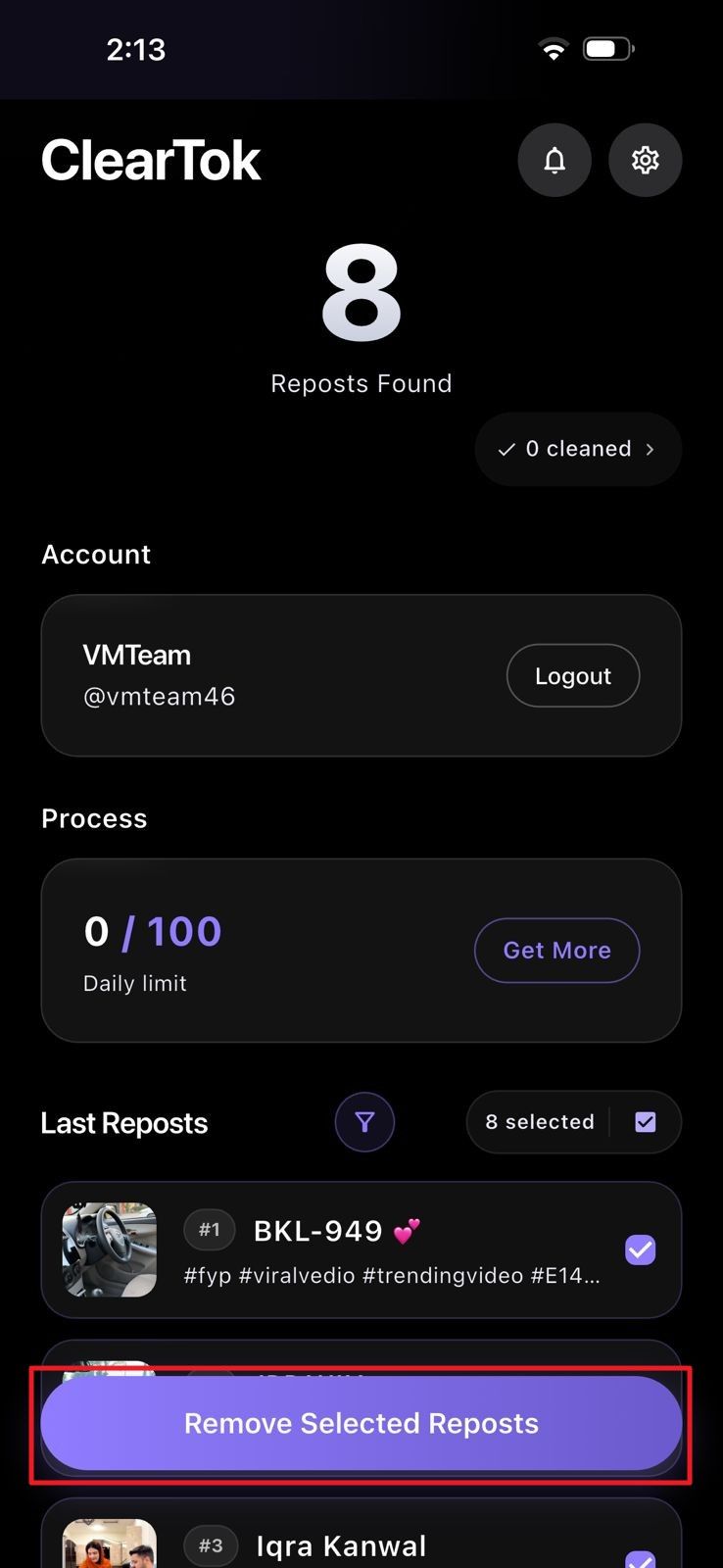 Capture d’écran: ClearTok mobile TikTok repost cleanup