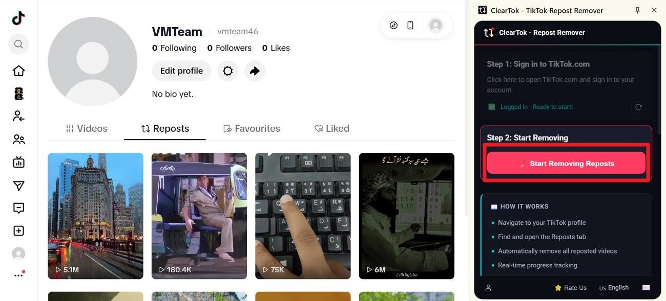 Capture d’écran: ClearTok desktop TikTok repost cleanup