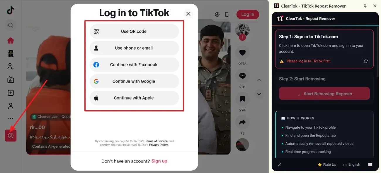 TikTok sign-in dialog with QR code, phone, and social login options