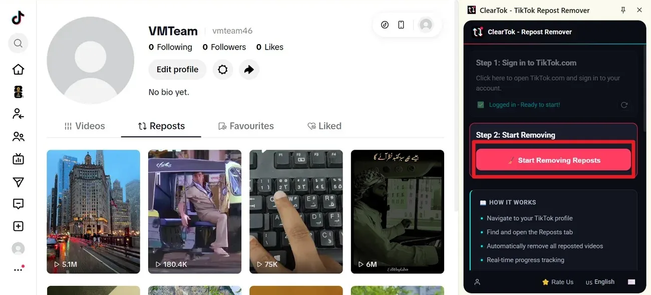 TikTok Reposts tab with the ClearTok panel ready to start removing reposts
