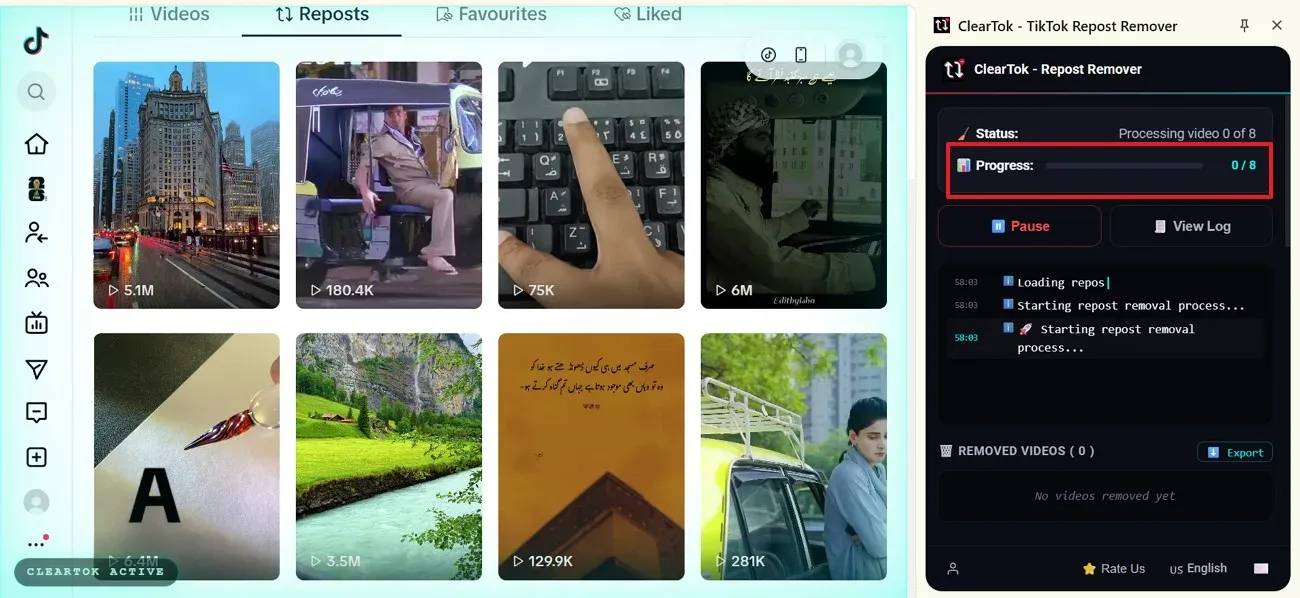 ClearTok progress panel showing reposts being removed during cleanup