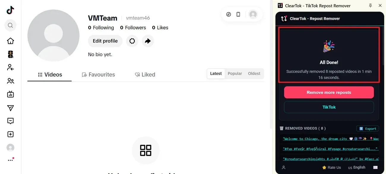 ClearTok All Done screen with the final count of removed TikTok reposts