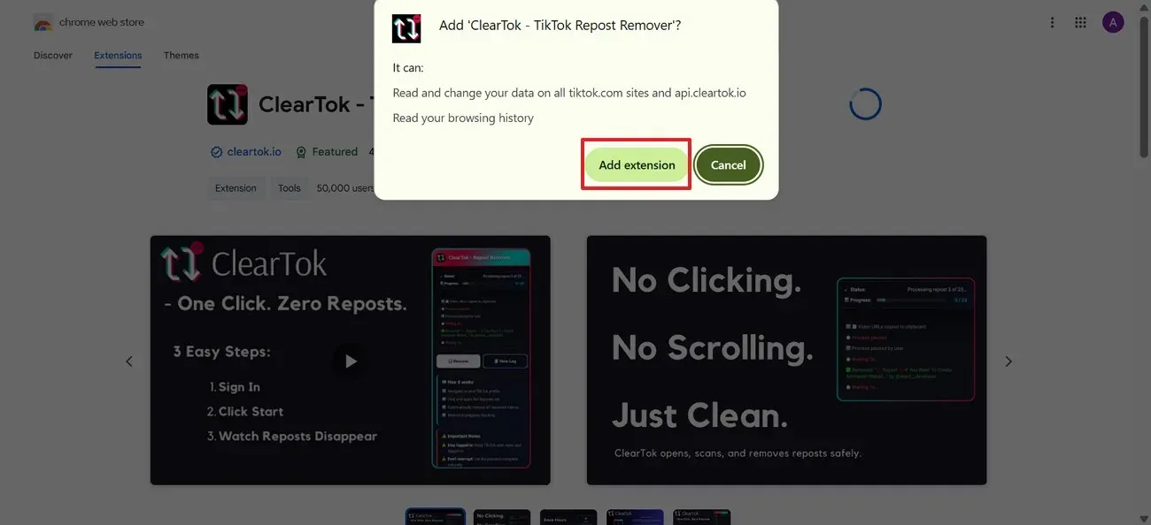 Chrome permission prompt asking to add the ClearTok repost remover extension