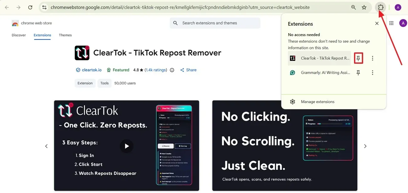 Chrome extensions menu with ClearTok pinned next to the address bar