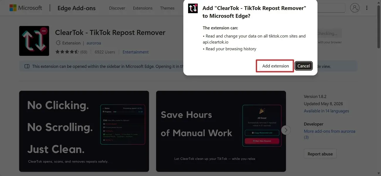 Microsoft Edge permission prompt confirming the ClearTok extension install