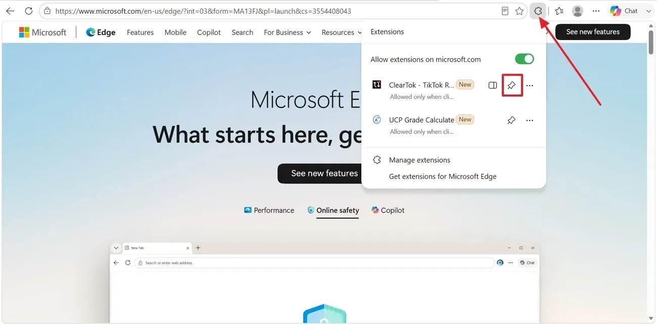Microsoft Edge extensions menu with ClearTok pinned to the toolbar
