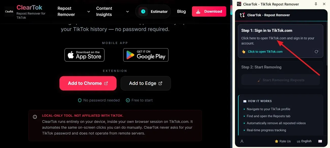 ClearTok extension panel with the button that opens TikTok.com
